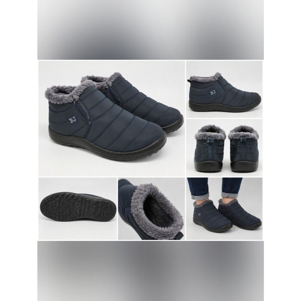 bj women's navy gray quilted faux fur lined winter ankle boots size 9M 40
